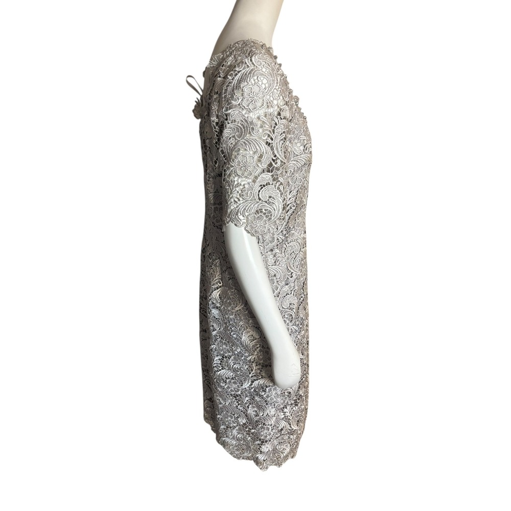 Elegant Silver Lace Sheath Dress Knee Length Short Sleeve Special Occasion S 12 - Picture 4 of 10